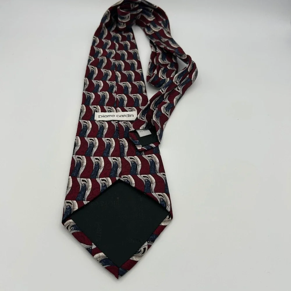 Pierre Cardin Necktie Geometric Mens OS Burgundy Silk Vintage Business Retro